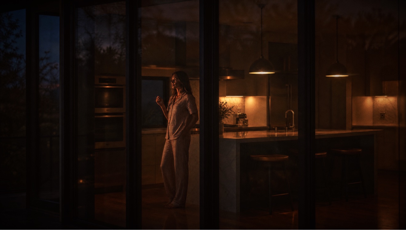 Woman in striped pajamas standing in a dark kitchen at blue hour, seen through glass doors