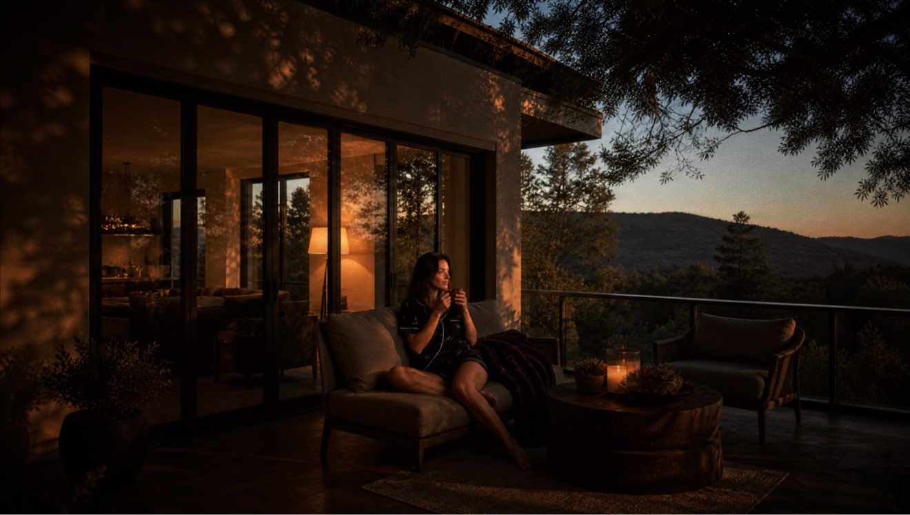 Woman with a warm drink on a patio at dusk, house glowing behind her